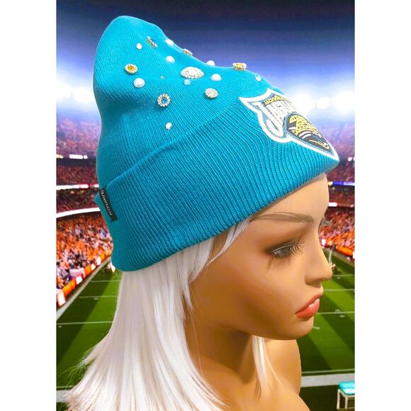 Jacksonville Jaguars Beanie Teal & Gold design with rhinestones, Logo - Picture 5 of 5